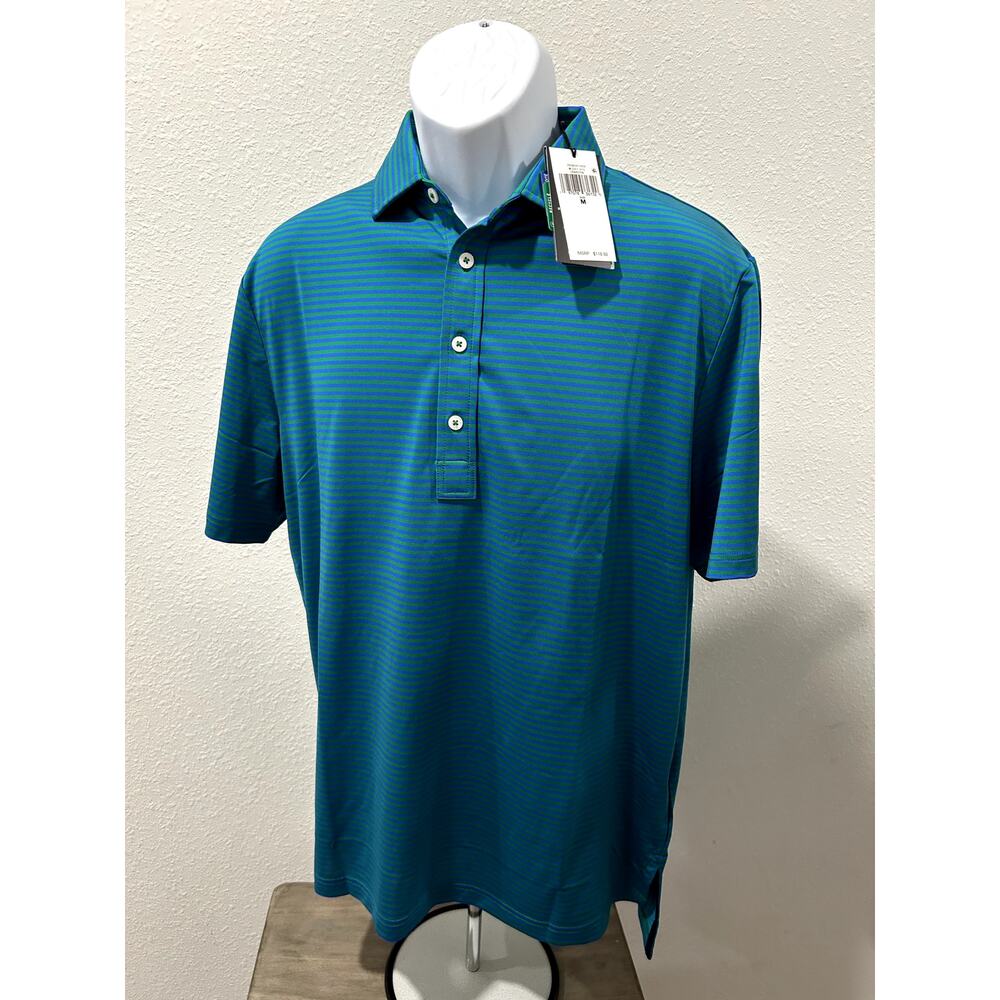 RLX Ralph Lauren Mens Polo Shirt Sz Medium Green Royal Striped Collared Wicking